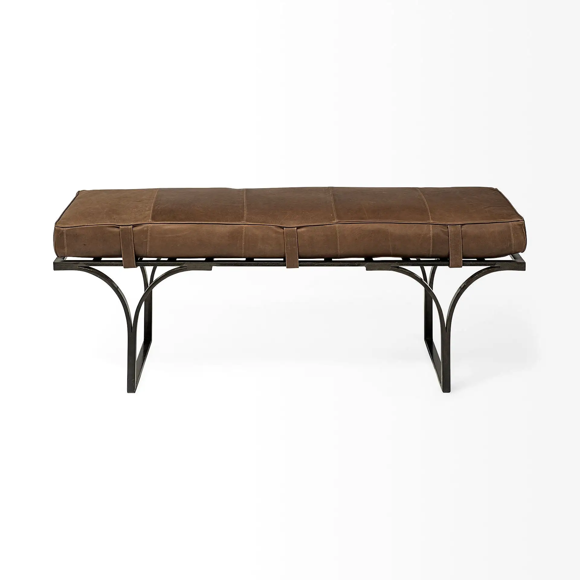 55 Brown and Black Upholstered Genuine Leather Bench