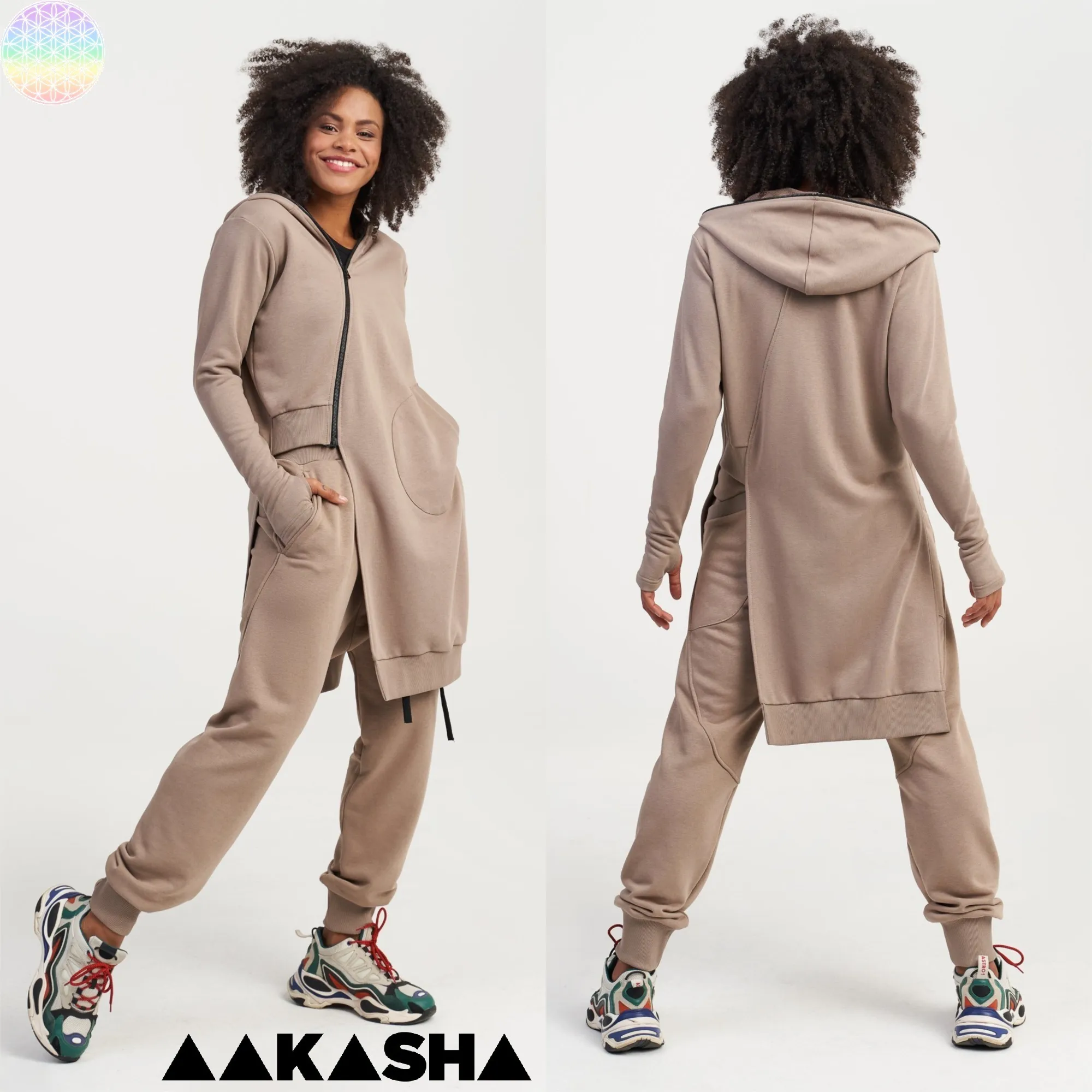 Aakasha  |Long Sleeves Plain Cotton Long Handmade Khaki Asymmetry