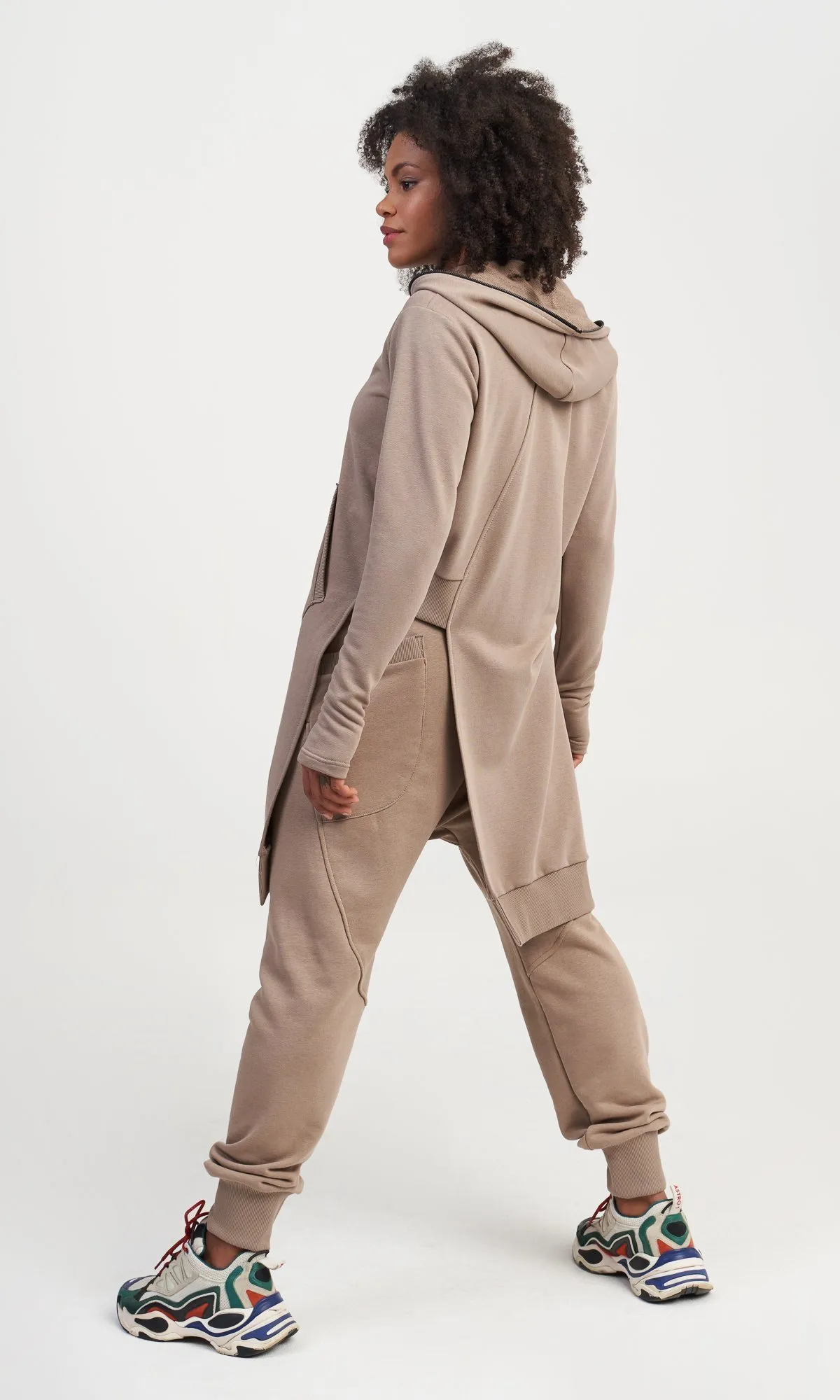 Aakasha  |Long Sleeves Plain Cotton Long Handmade Khaki Asymmetry