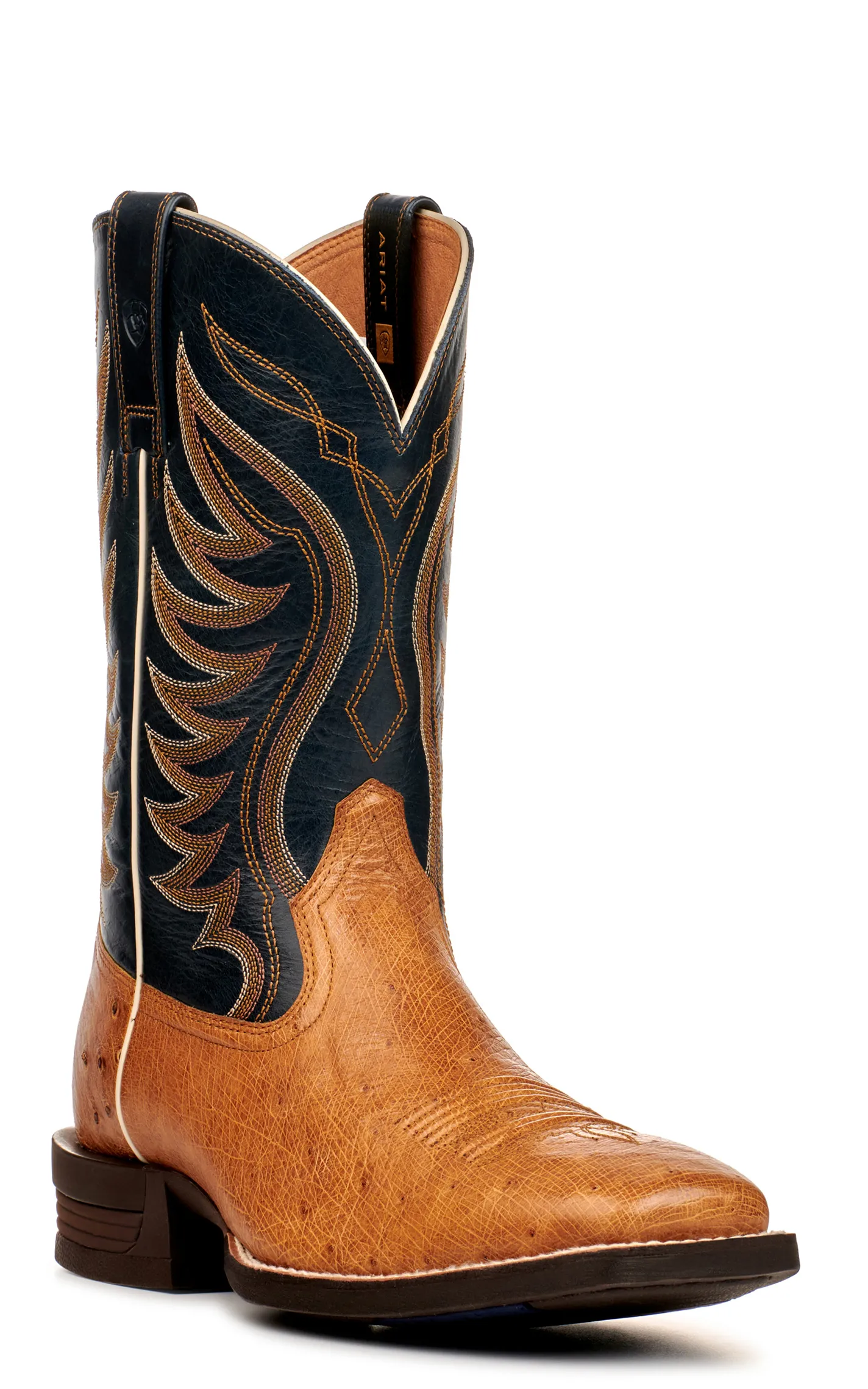 Ariat Men's Reckoning Antique Saddle Brown and Black Smooth Quill Ostrich Shock Shield Wide Square Toe Exotic Cowboy Boot