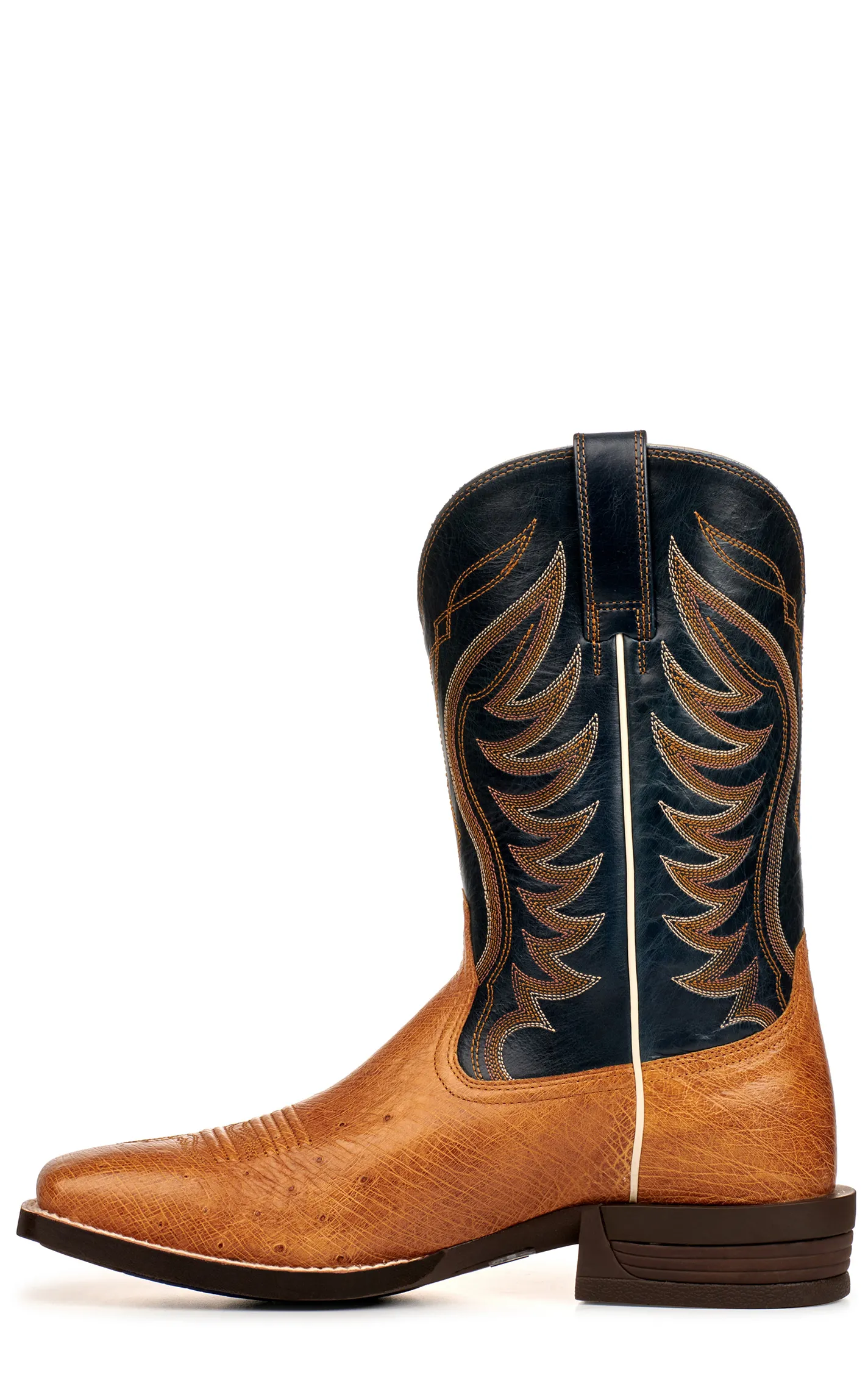 Ariat Men's Reckoning Antique Saddle Brown and Black Smooth Quill Ostrich Shock Shield Wide Square Toe Exotic Cowboy Boot