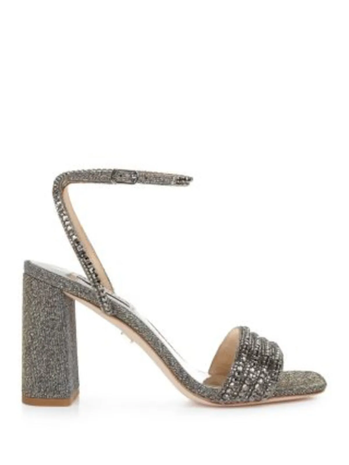 BADGLEY MISCHKA Womens Gray Mixed Media Metallic Embellished Padded Becca Square Toe Block Heel Buckle Dress Heeled