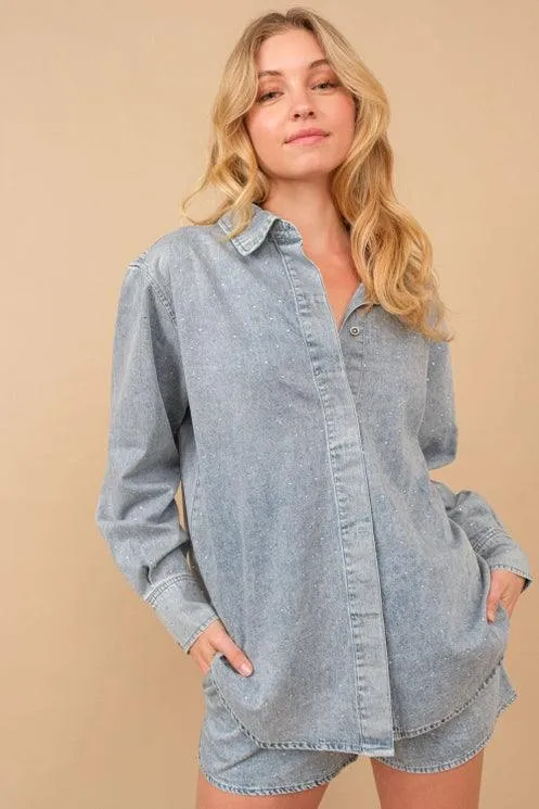 Bedazzled Denim Button Up Top