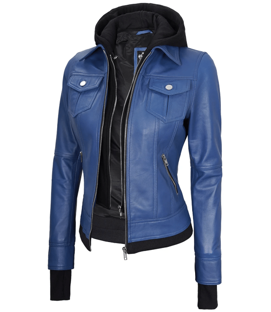 Betty Women's Blue Leather Jacket with Removable Hood