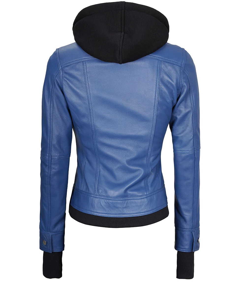 Betty Women's Blue Leather Jacket with Removable Hood