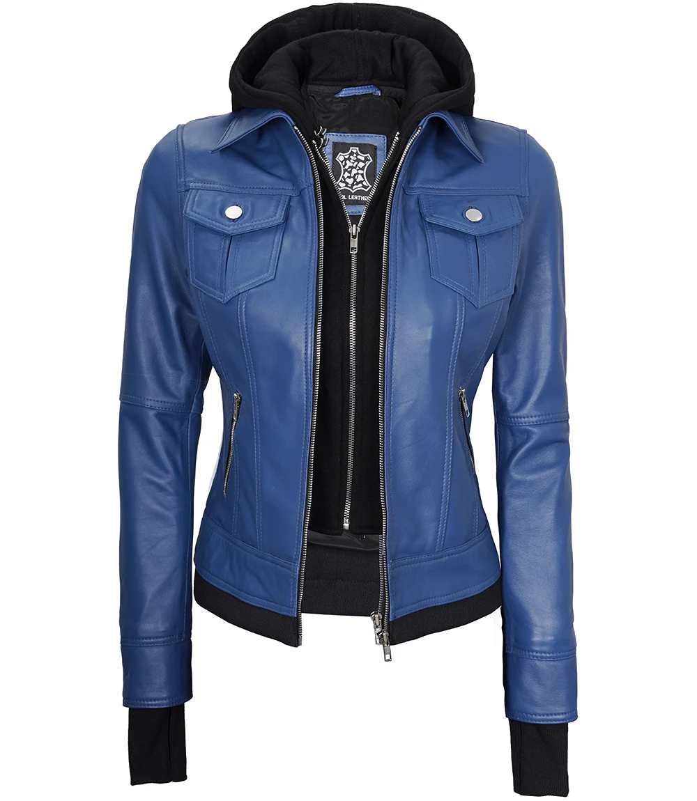 Betty Women's Blue Leather Jacket with Removable Hood