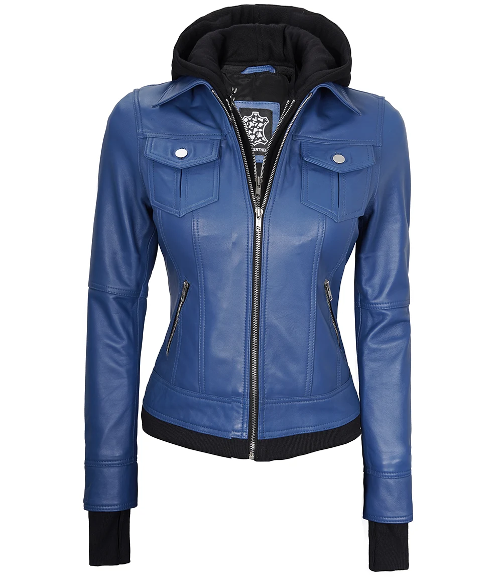 Betty Women's Blue Leather Jacket with Removable Hood