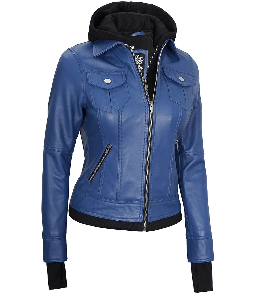 Betty Women's Blue Leather Jacket with Removable Hood