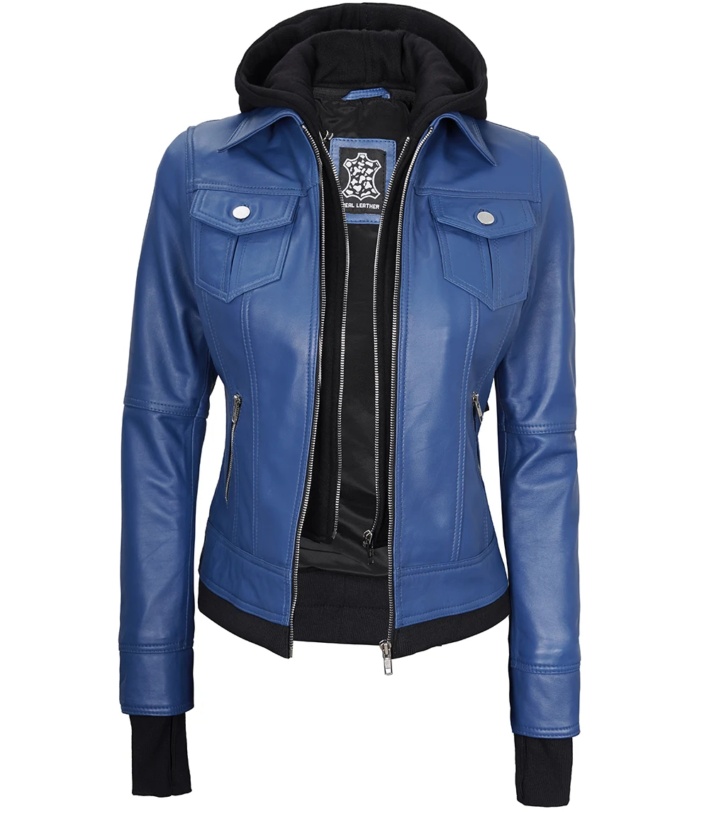 Betty Women's Blue Leather Jacket with Removable Hood