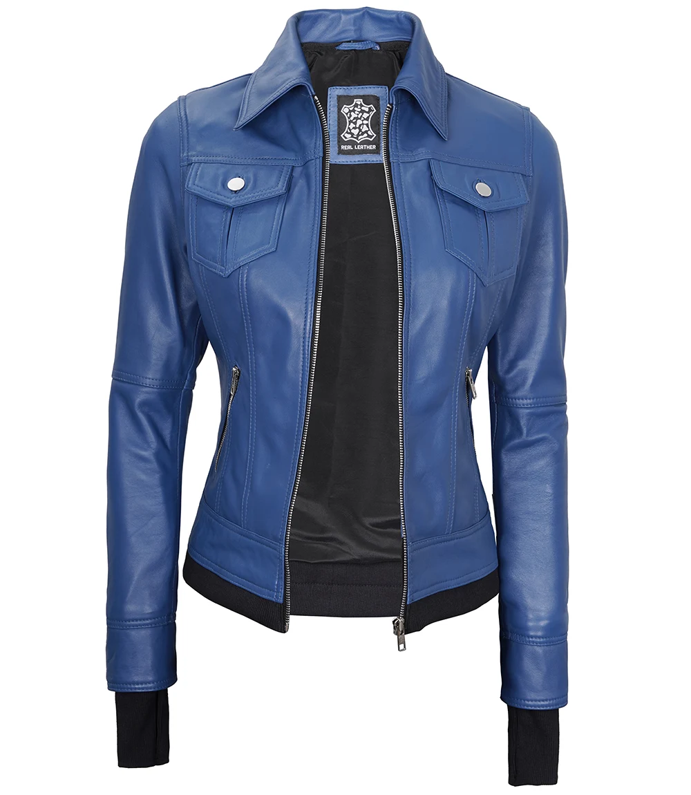 Betty Women's Blue Leather Jacket with Removable Hood