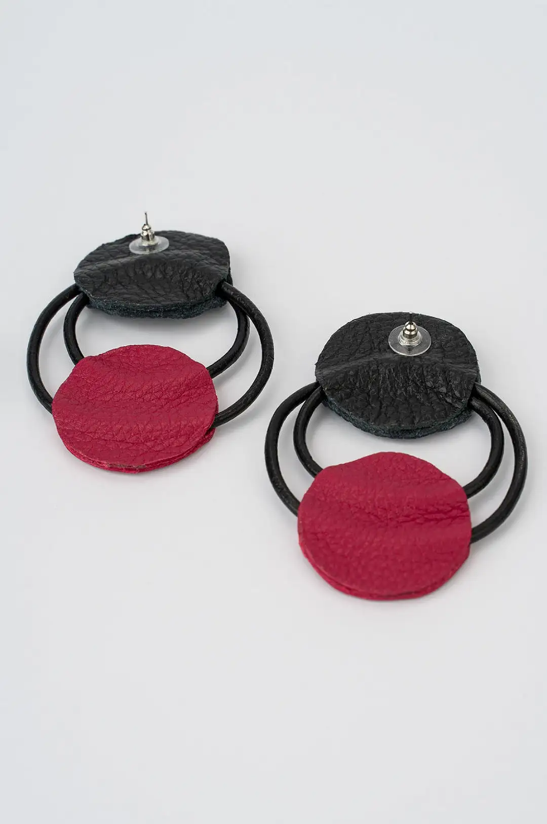 Black Dark Red Genuine Leather Earrings