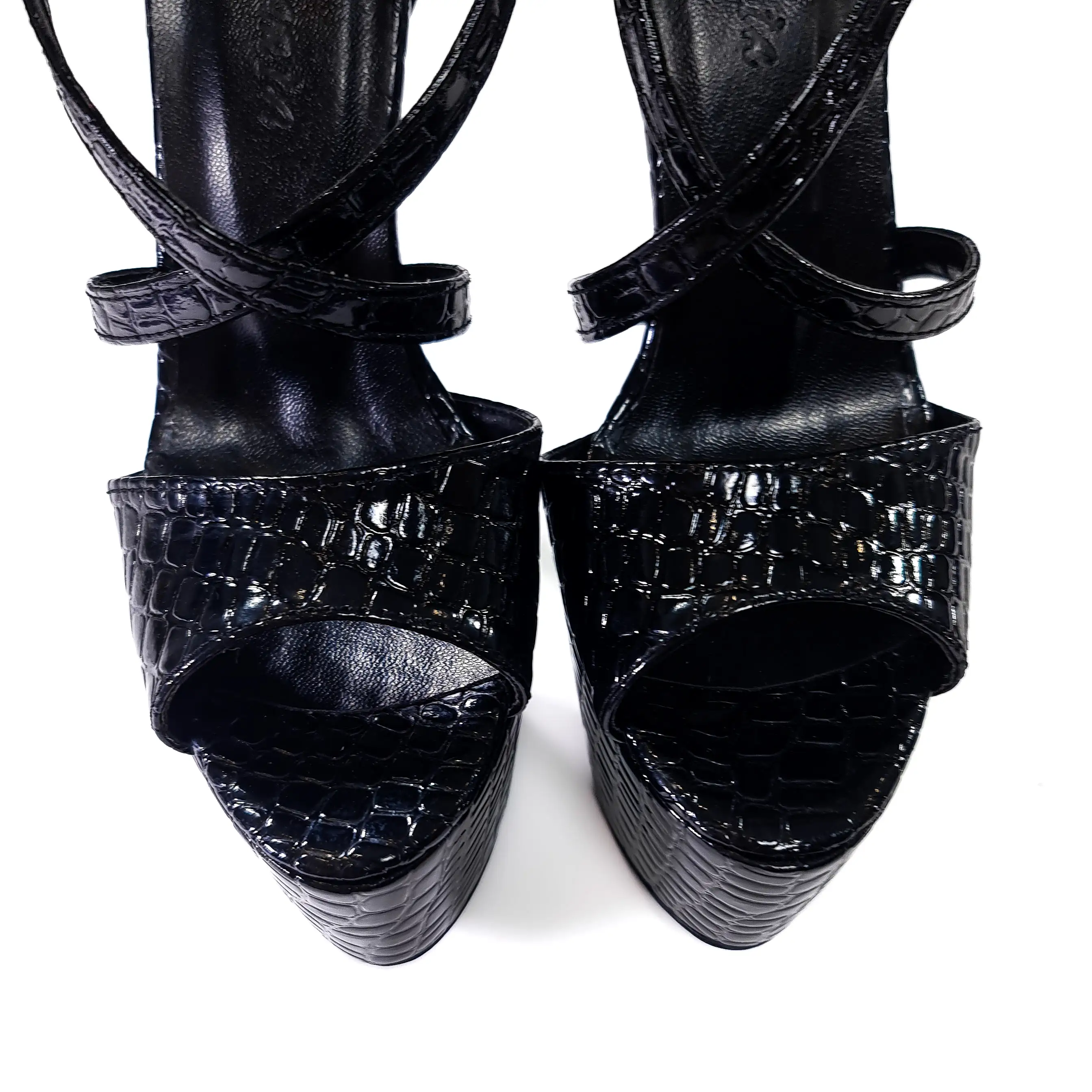 Black Shiny Croco Print High Heel Sandals