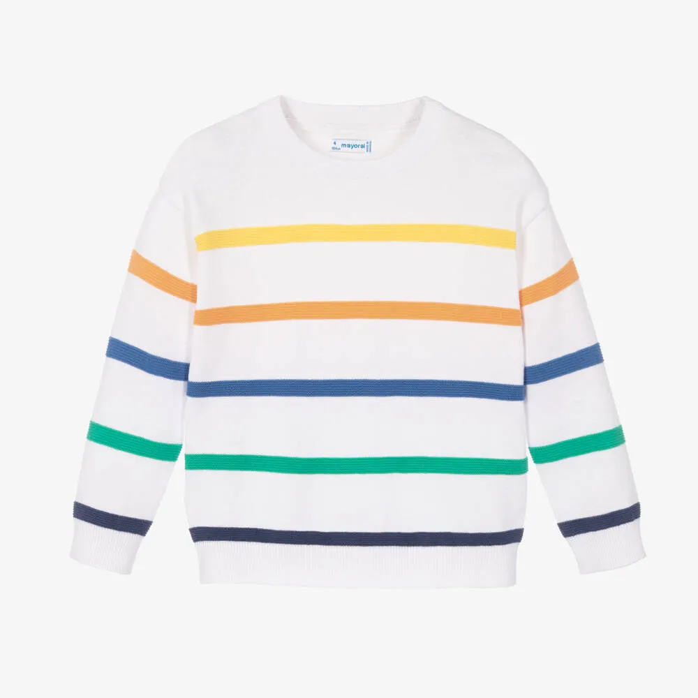 Boys White Striped Cotton Sweater