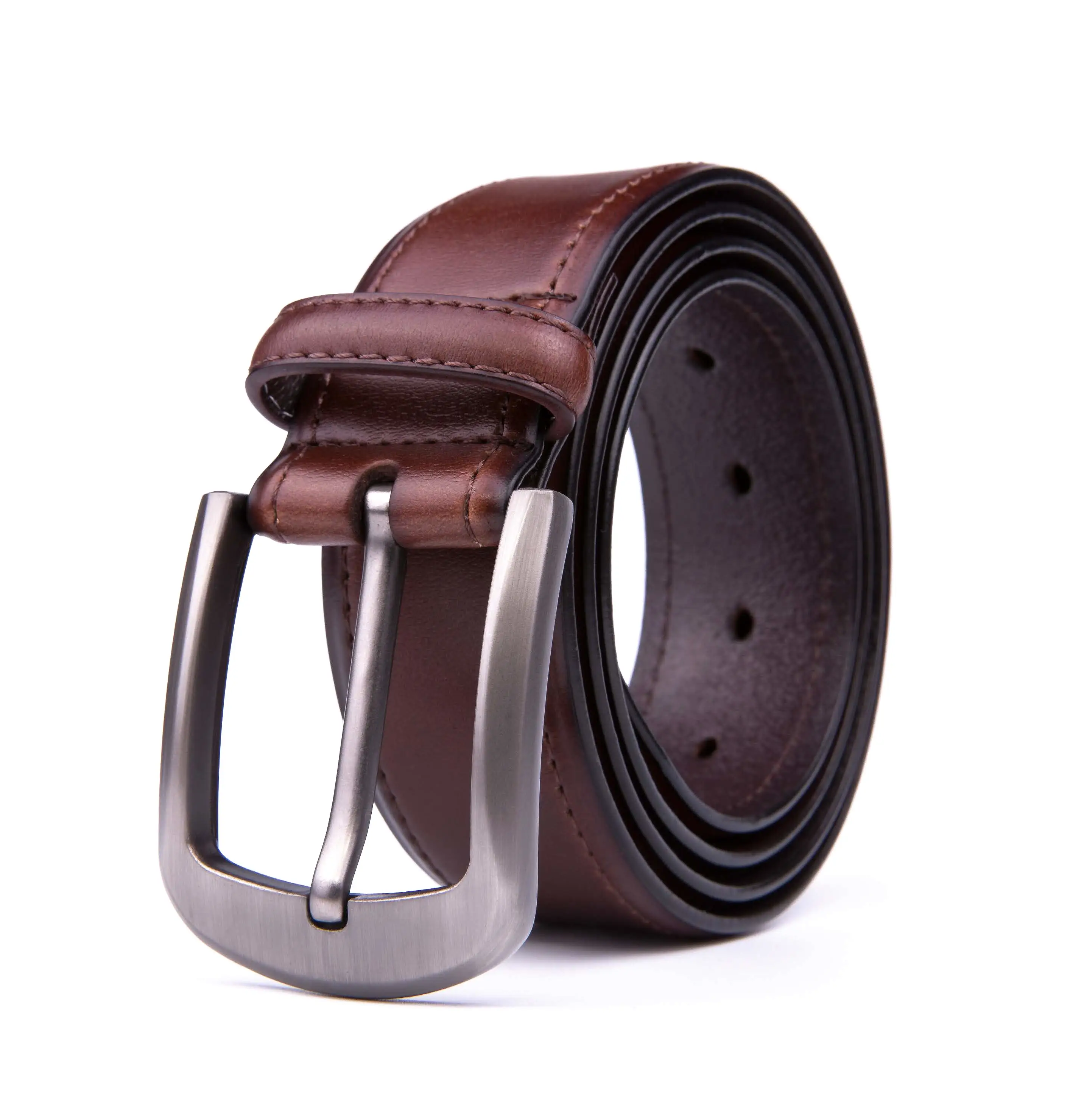 Braveman Men's Classic Genuine Leather Belt with Brushed Silver Buckle