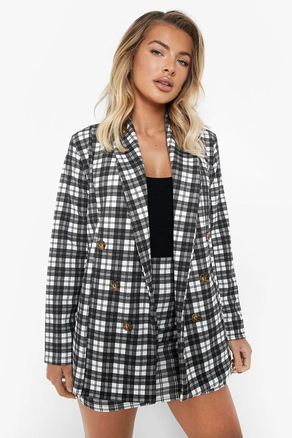 Checked Double Breasted Crepe Blazer