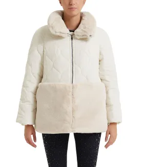 Cream faux fur and quilted nylon down jacket