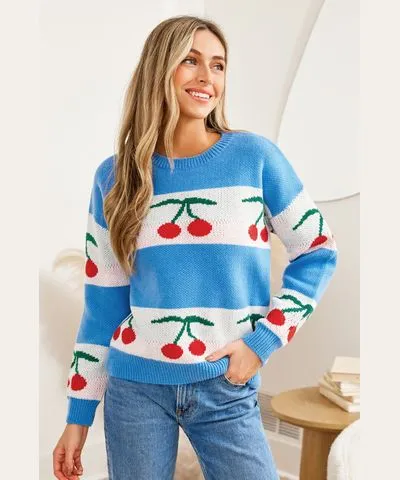 Cupshe Blue Striped Intarsia Knit Cherry Sweater