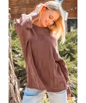 Cupshe Brown Patchwork Round Neck Long Sleeve Sweater