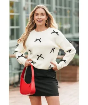 Cupshe White Bow Embellished Long Sleeve Sweater