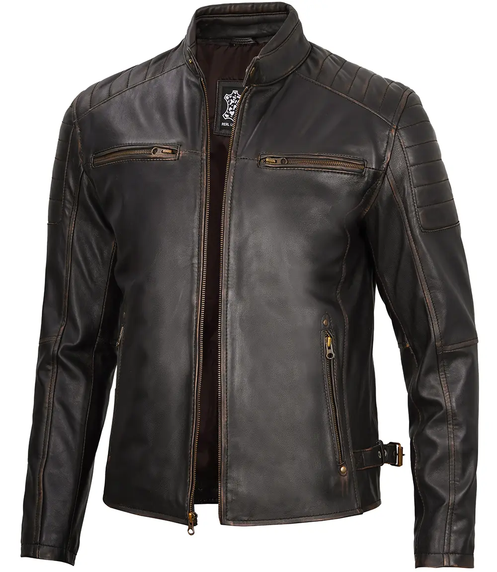 Dark Brown Cafe Racer Leather Jacket for Men