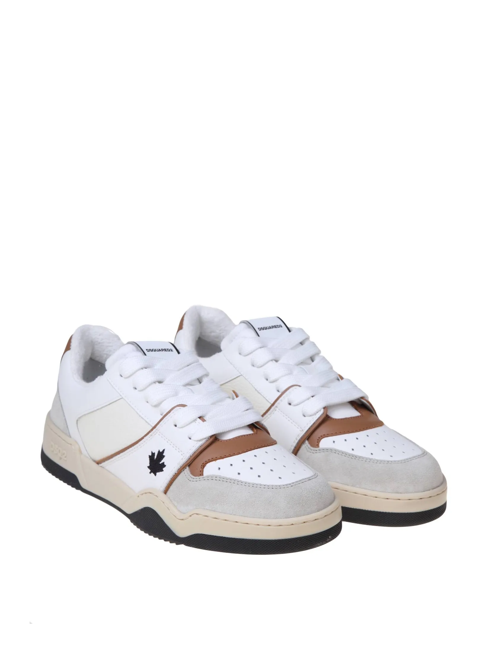 DSQUARED2 WHITE AND COGNAC LEATHER AND SUEDE SNEAKERS