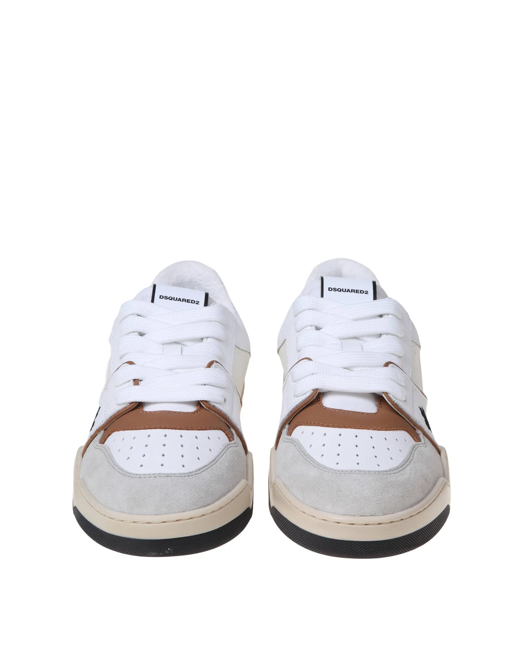 DSQUARED2 WHITE AND COGNAC LEATHER AND SUEDE SNEAKERS