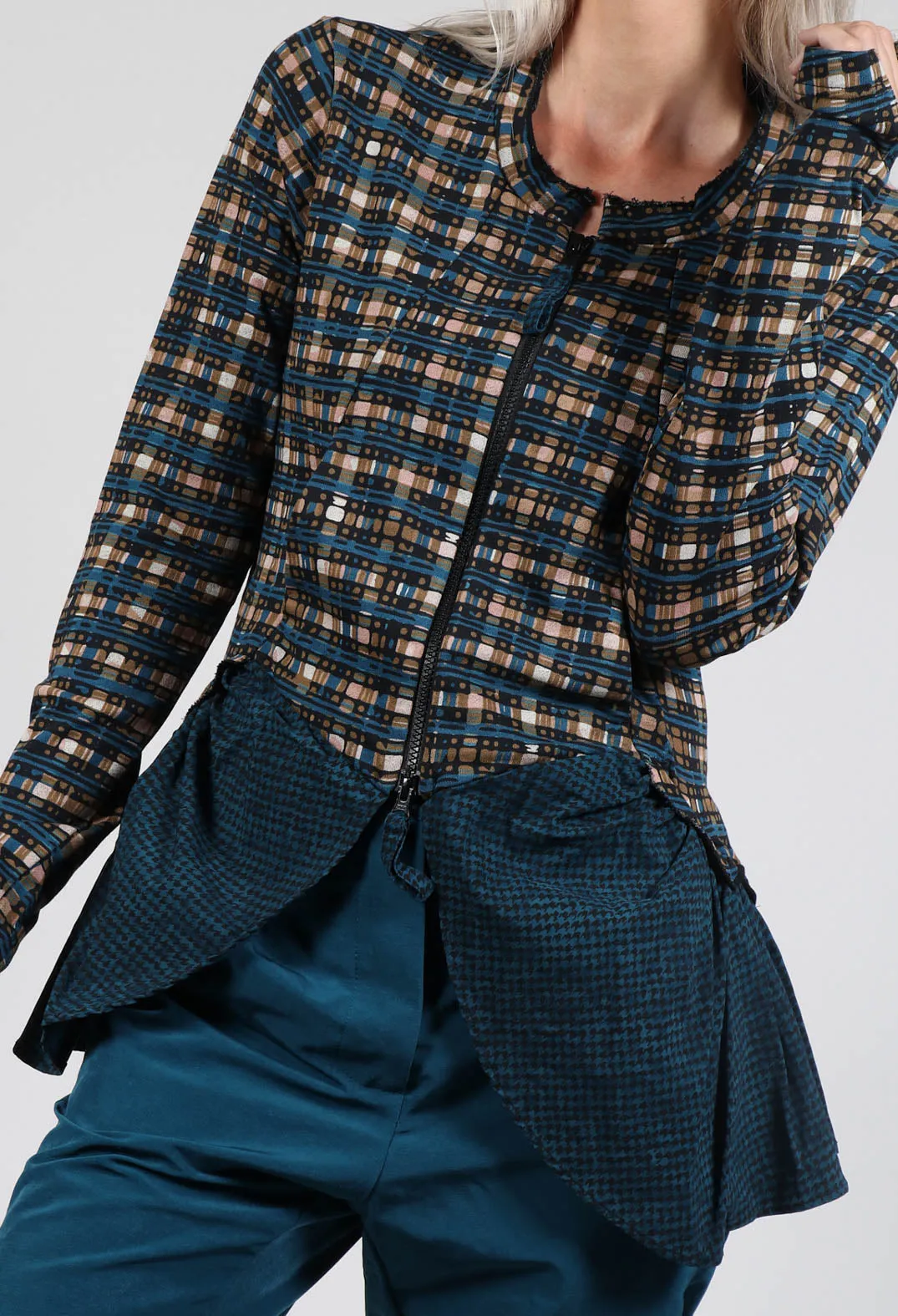 Dual Fabric Zip Through Jacket in Ink Check