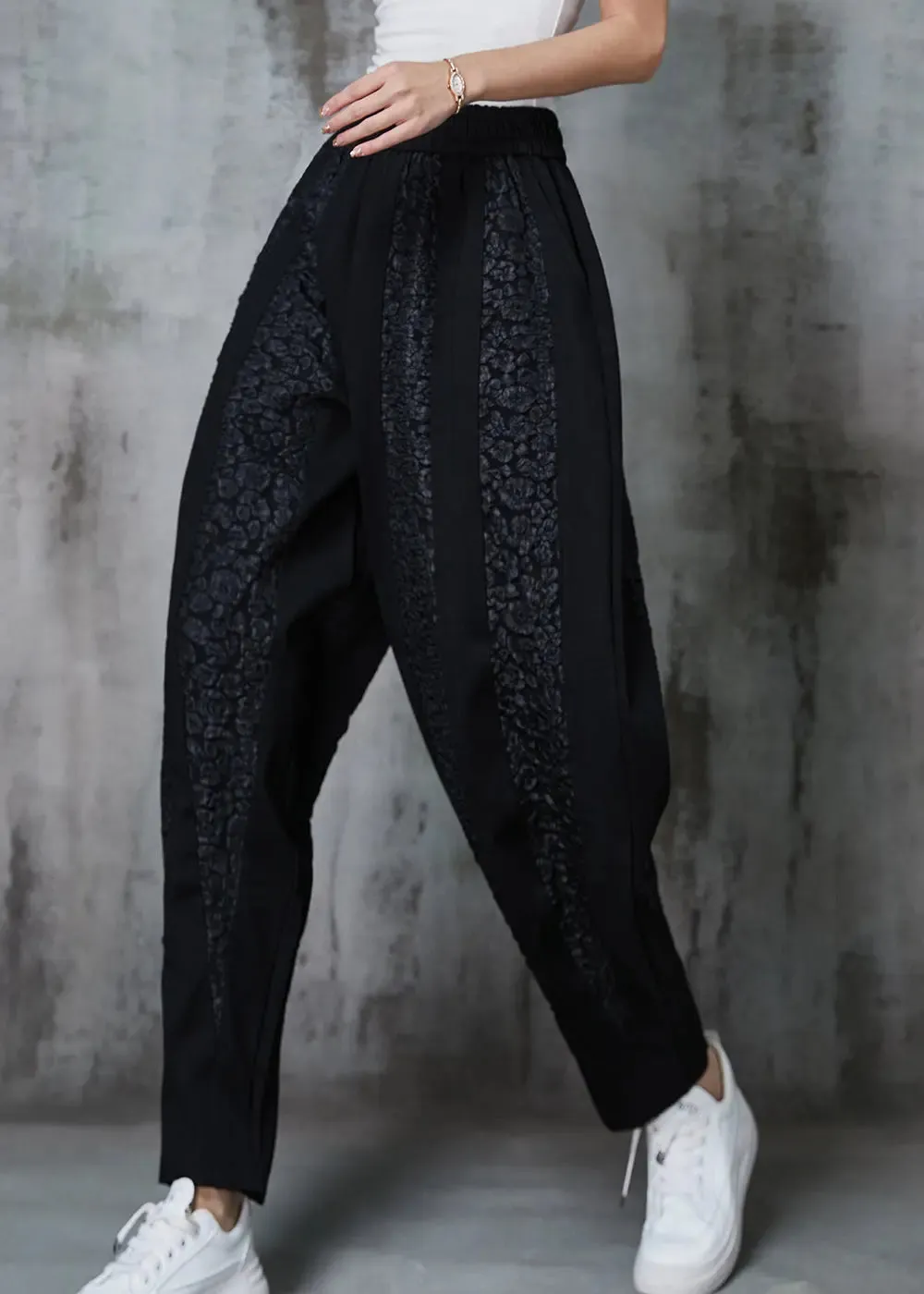 Elegant Black Oversized Patchwork Jacquard Cotton Pants Spring JK1019