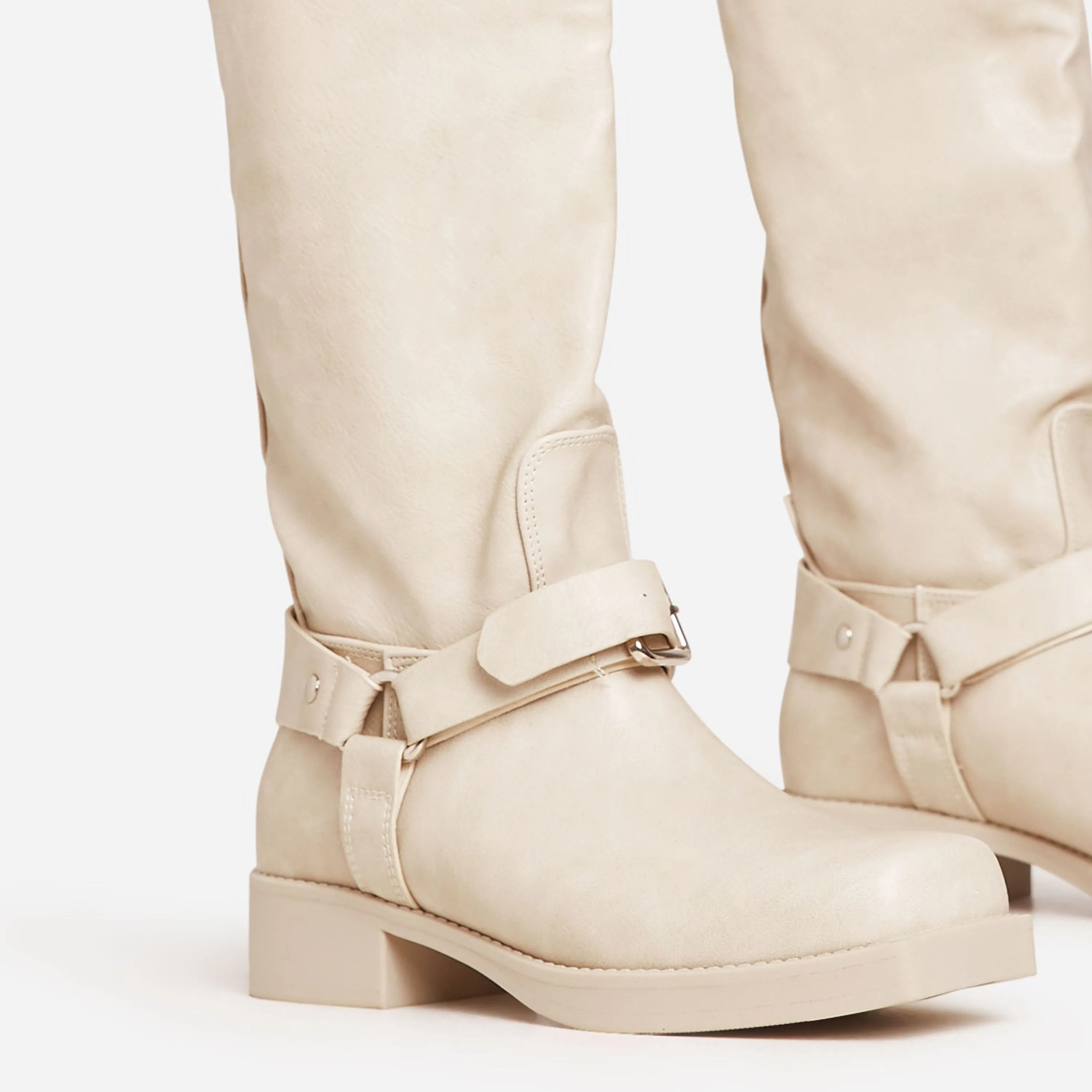 Equestria Buckle Detail Square Toe Knee High Long Biker Boot In Cream Acid Wash Faux Leather