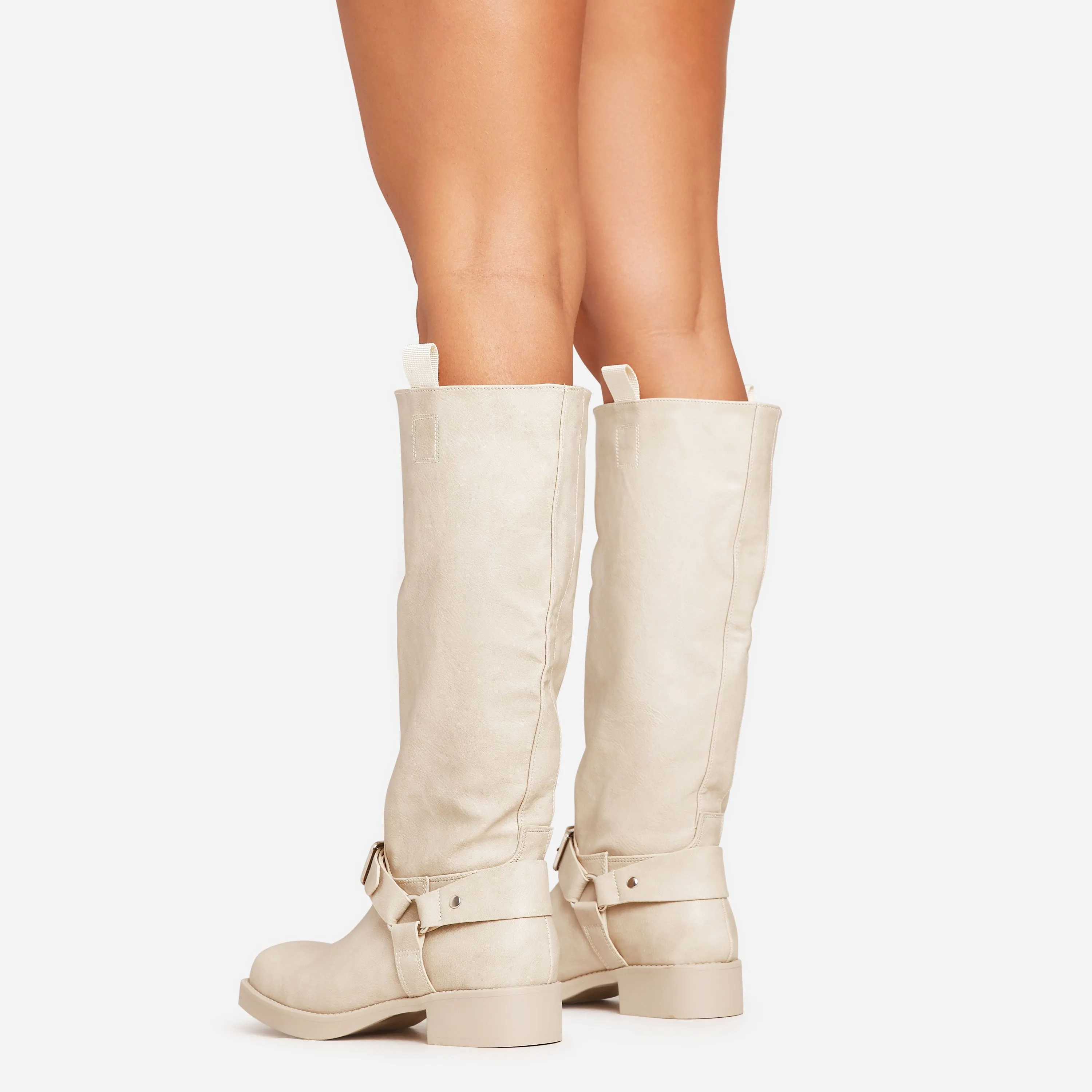 Equestria Buckle Detail Square Toe Knee High Long Biker Boot In Cream Acid Wash Faux Leather