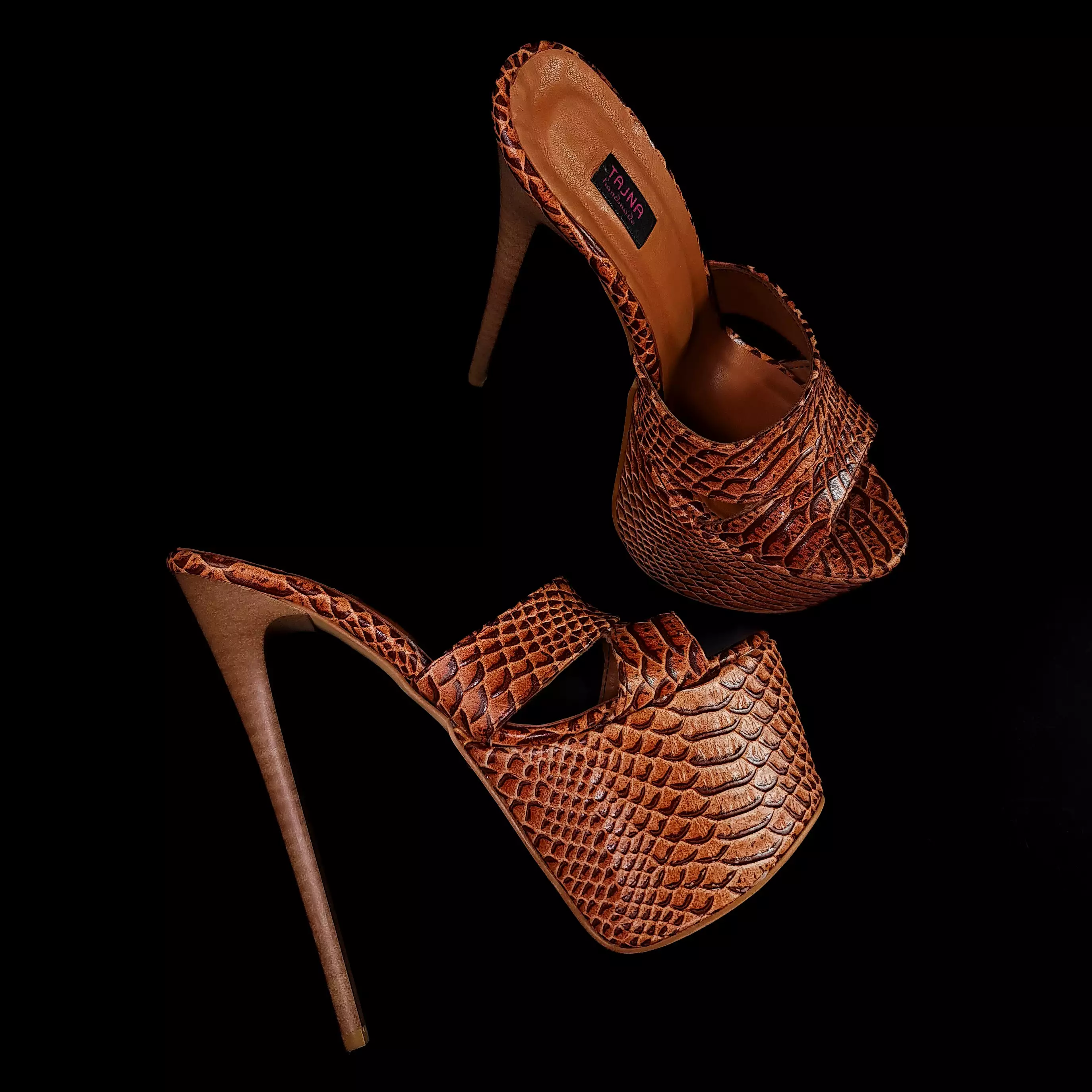 Exotic Brown Genuine Leather High Heel Mules