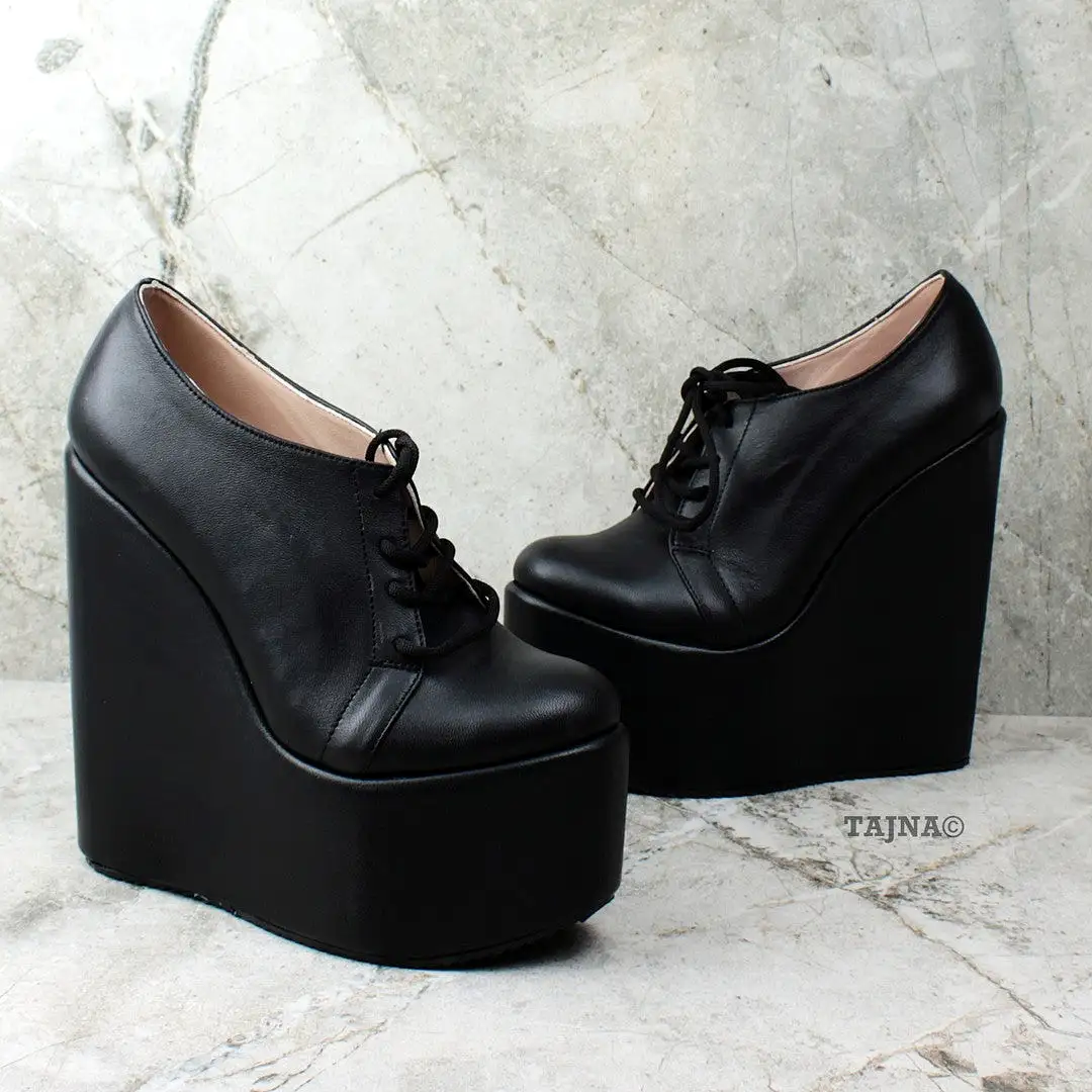 Genuine Leather Black Wedges Lace Up Platforms