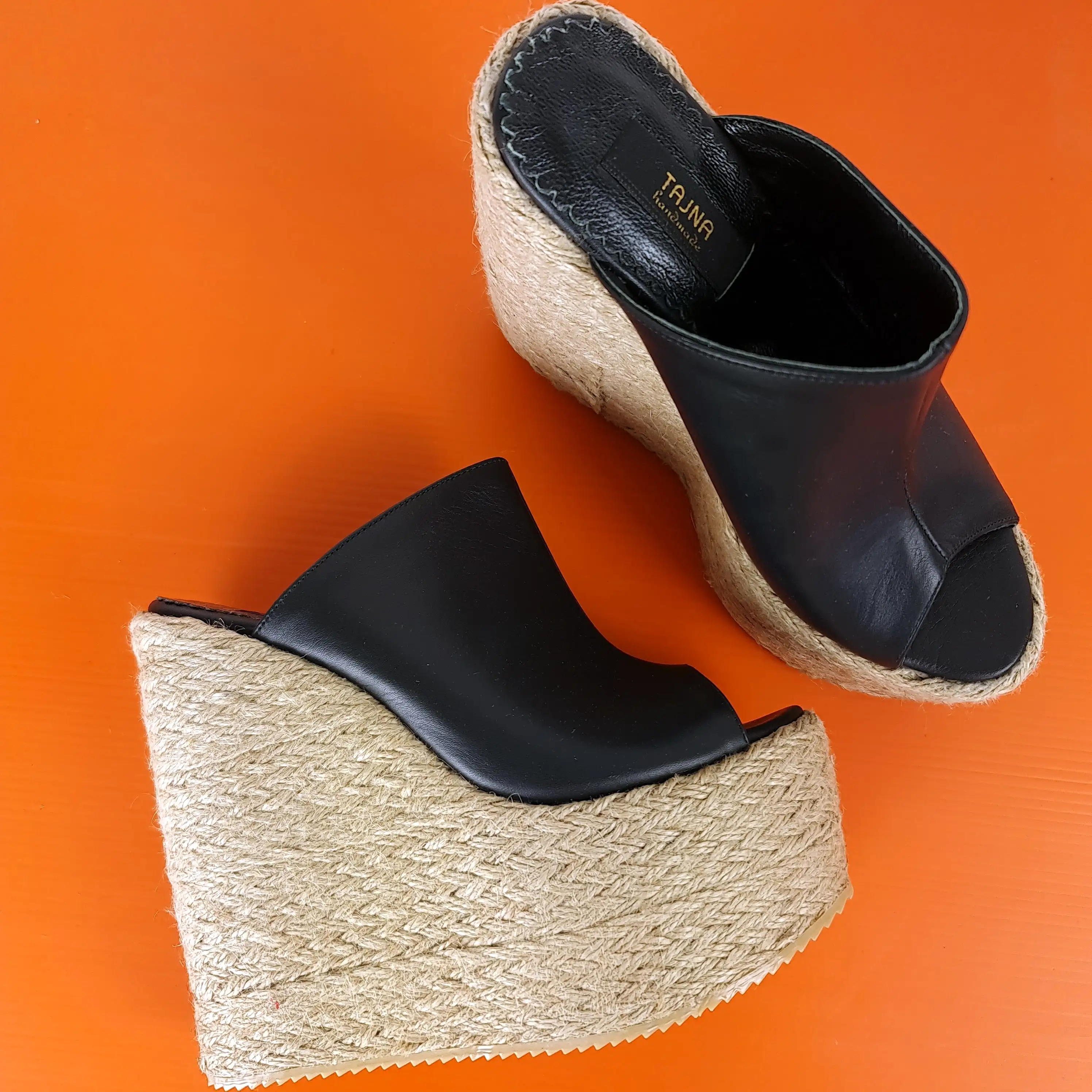 Genuine Leather Espadril Heel Wedge Mules