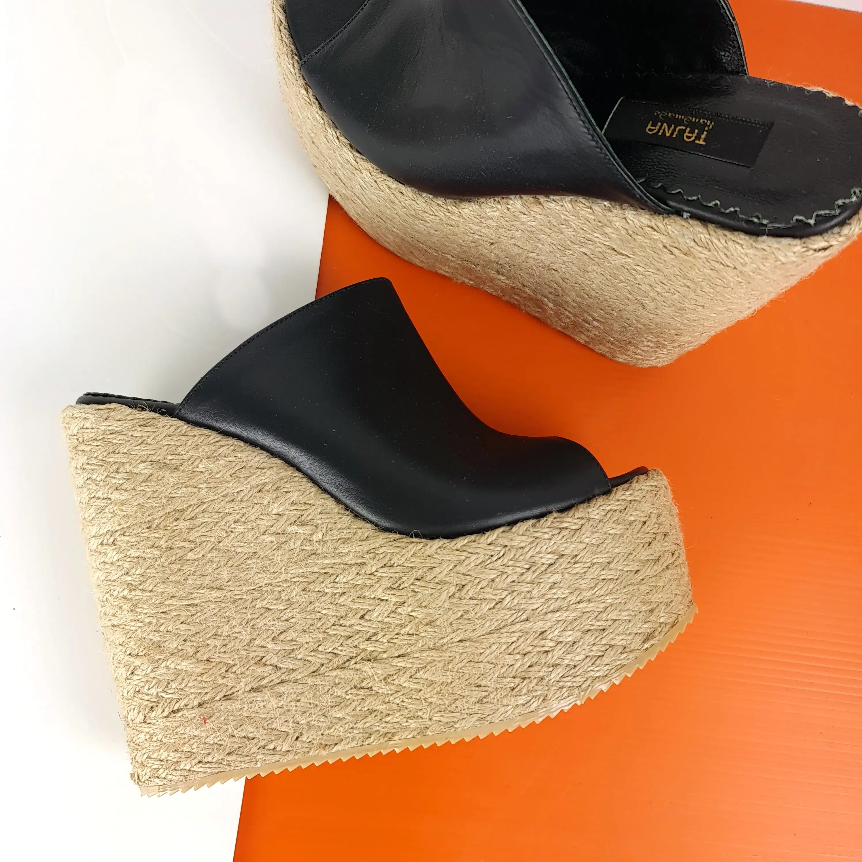 Genuine Leather Espadril Heel Wedge Mules