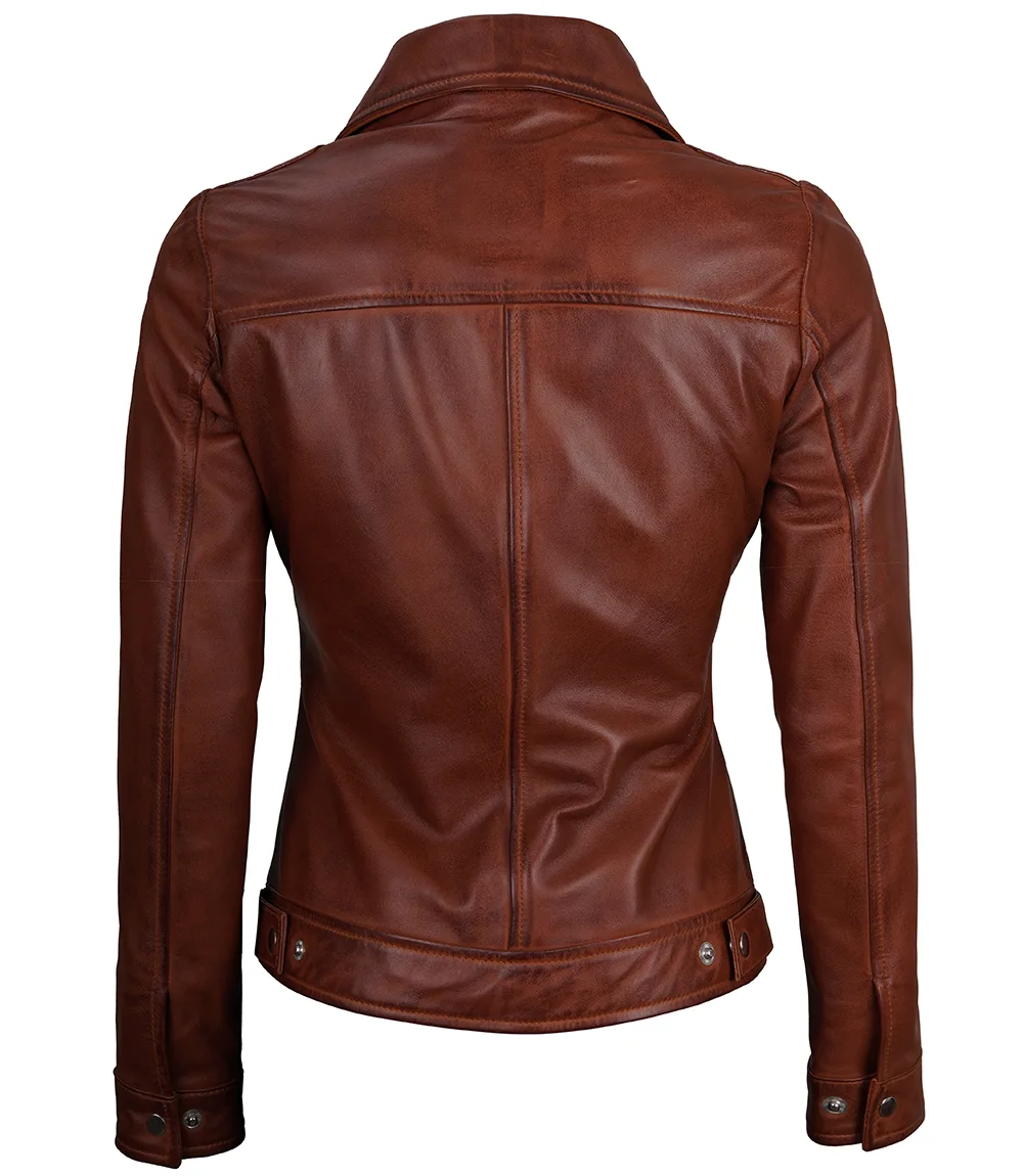 Jose Women's Harrington Leather Jacket Cognac Wax