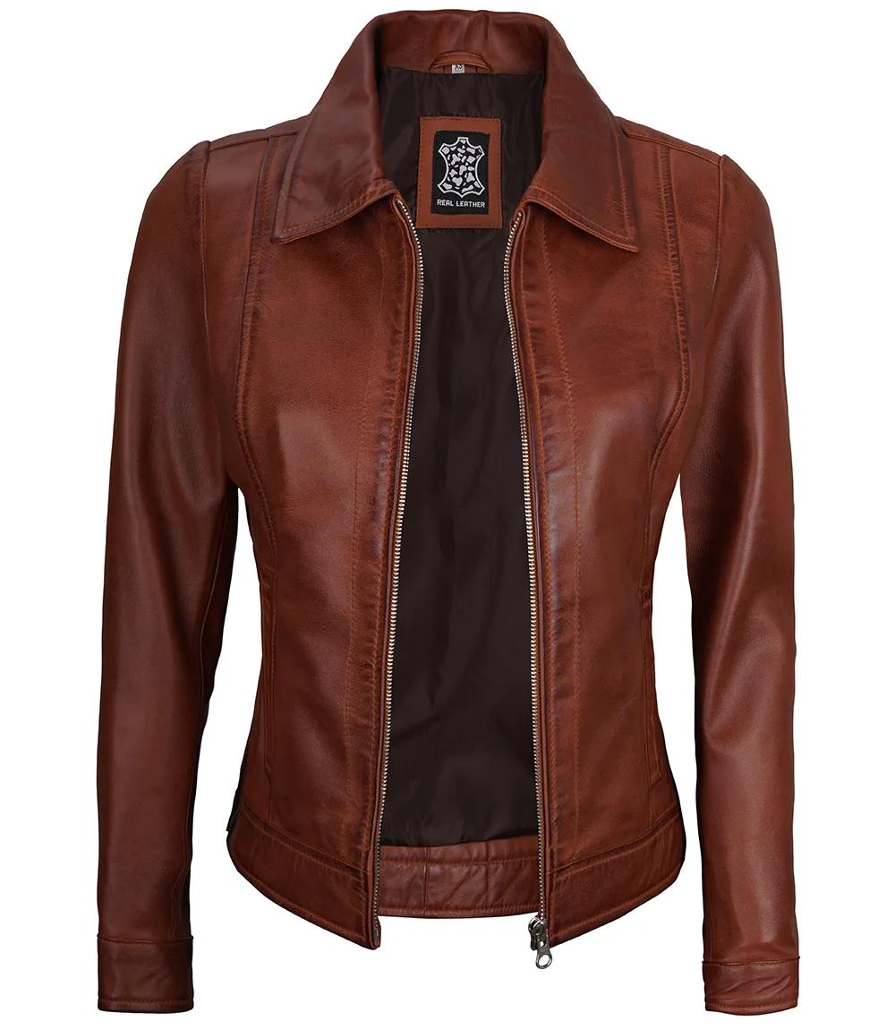 Jose Women's Harrington Leather Jacket Cognac Wax