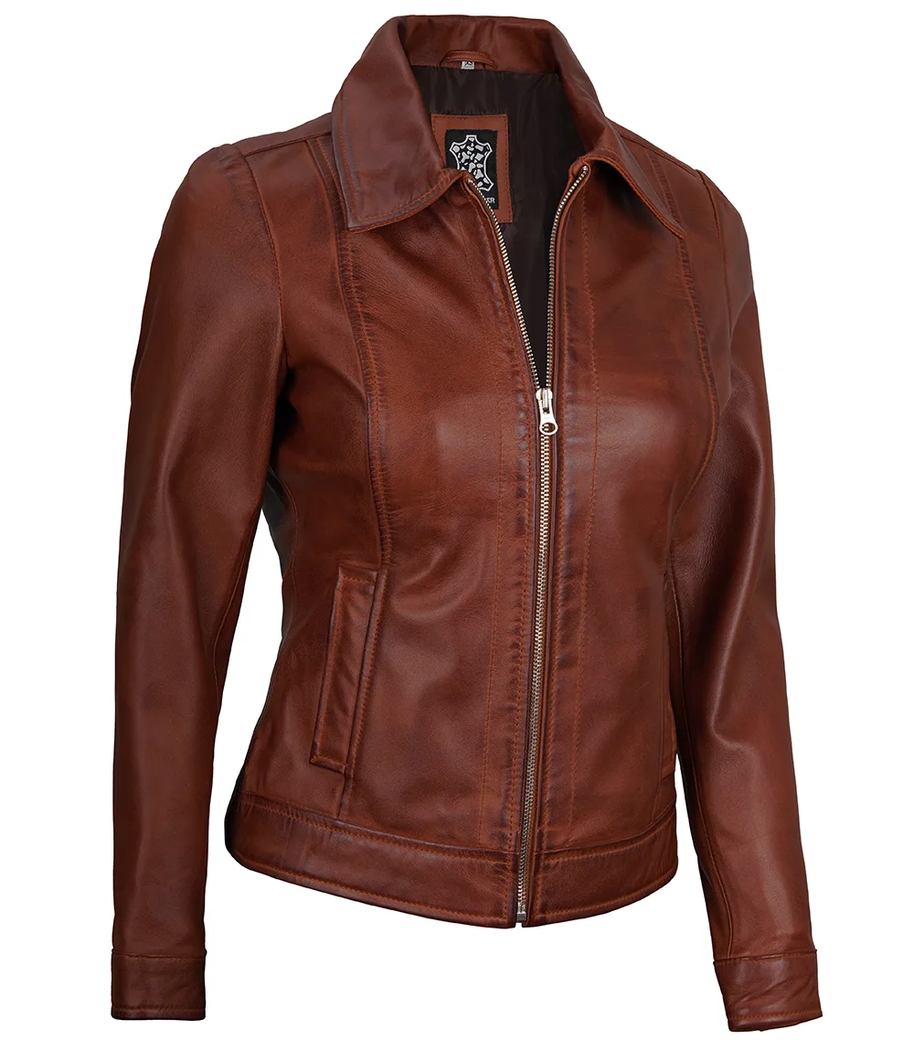 Jose Women's Harrington Leather Jacket Cognac Wax