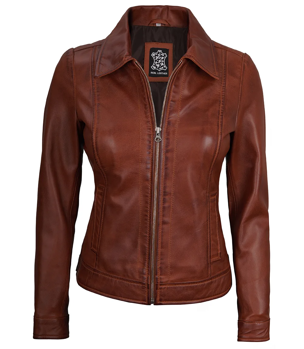 Jose Women's Harrington Leather Jacket Cognac Wax