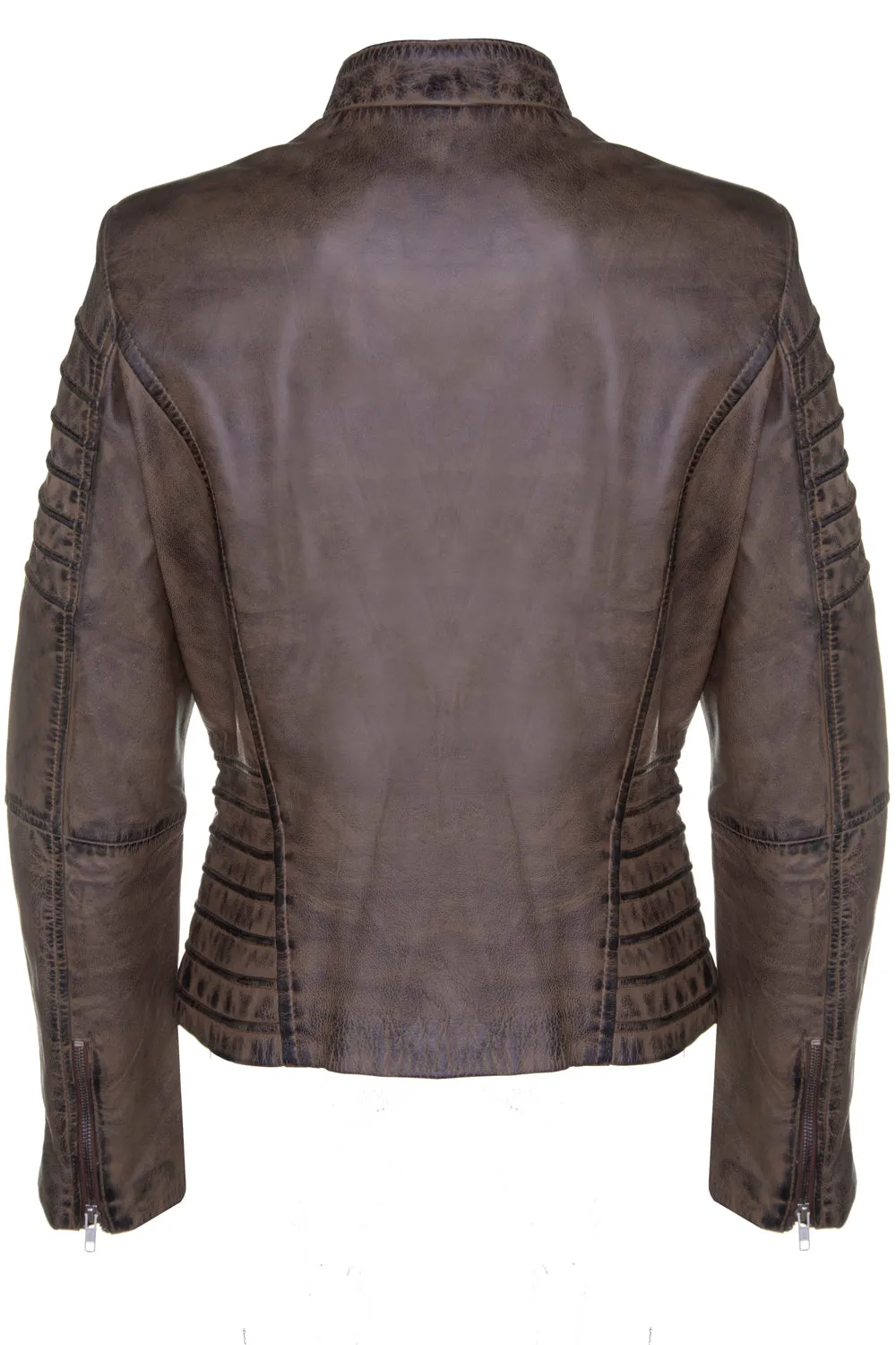 Ladies Classic Biker Jacket Brown Worn Look Lambskin 9393