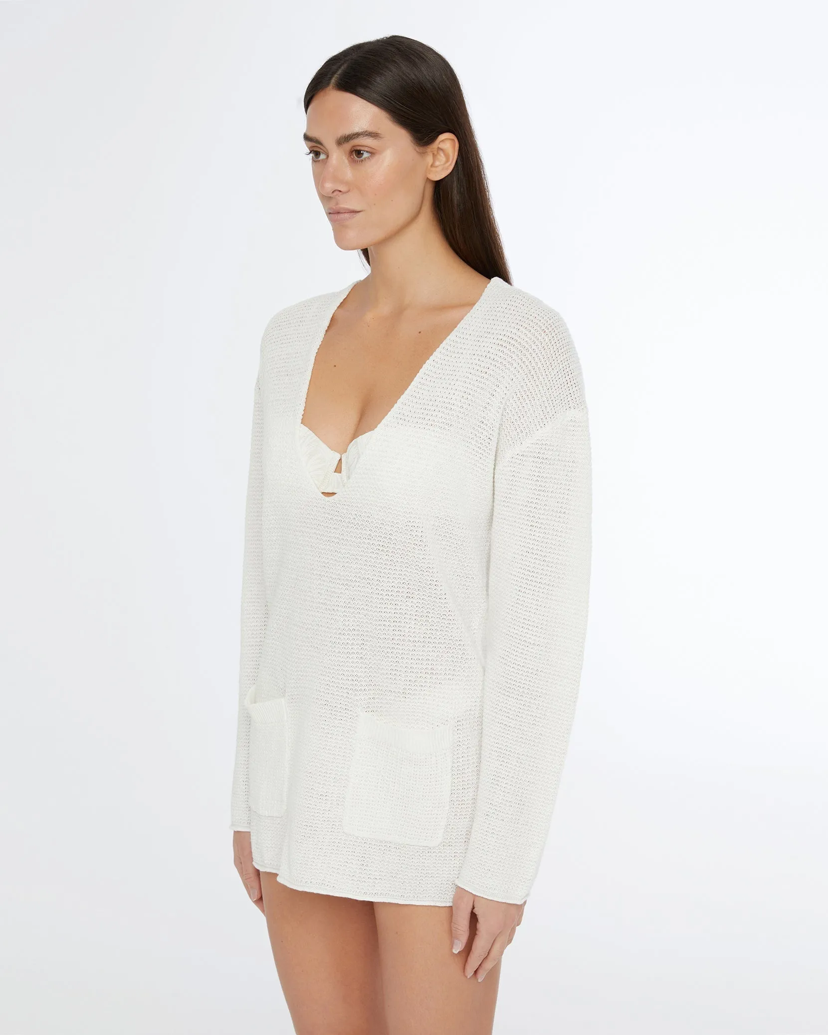 Linen Knit V-Neck Hoodie | White