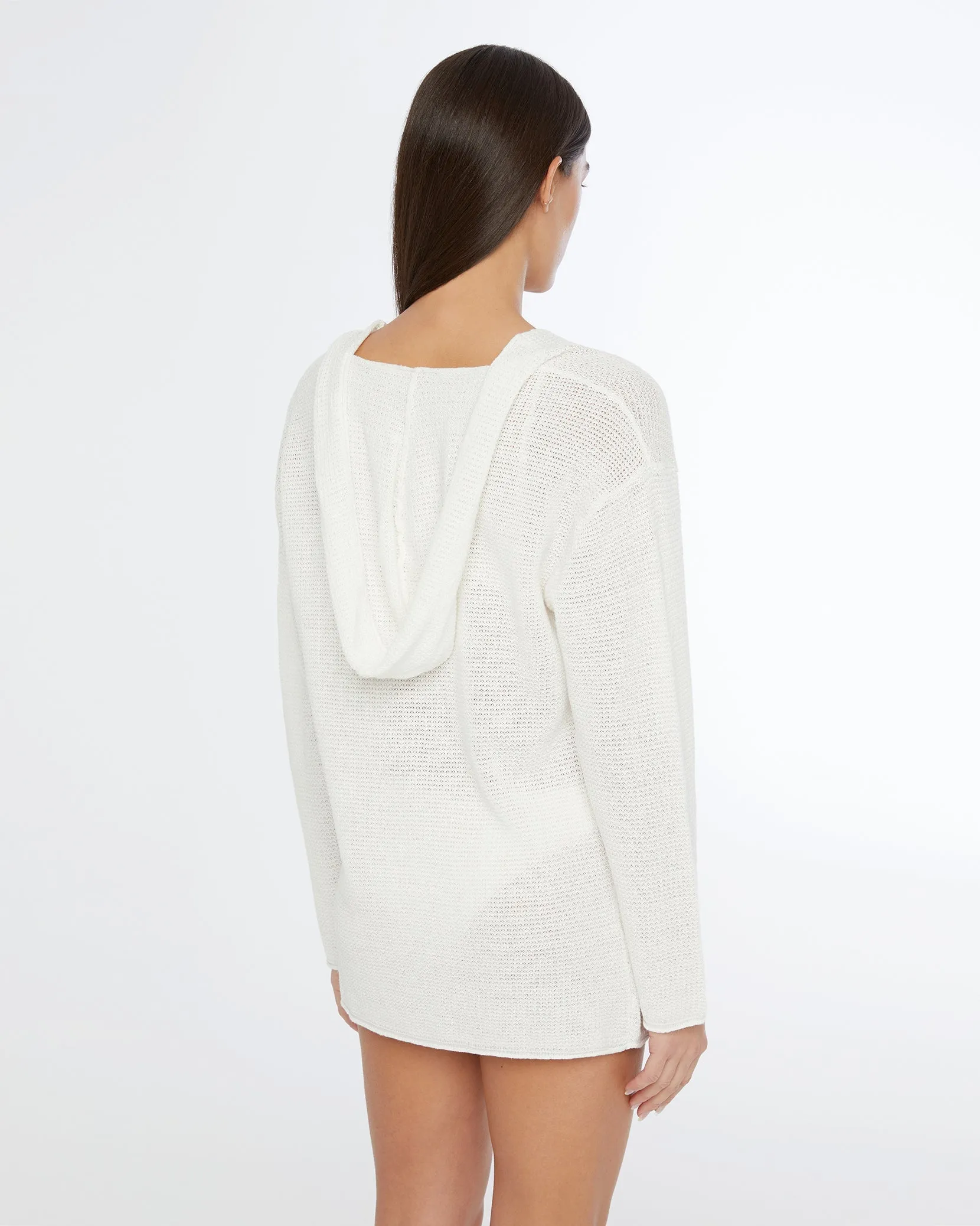 Linen Knit V-Neck Hoodie | White