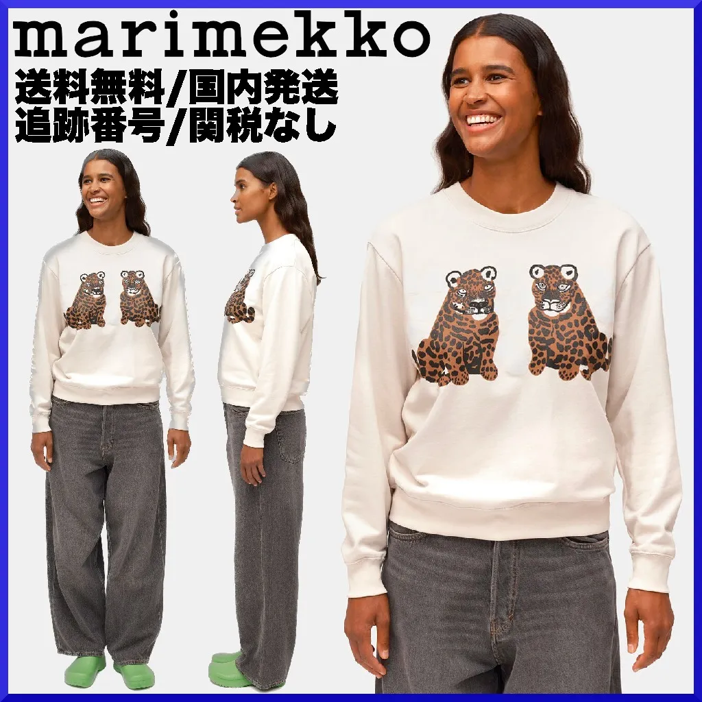 marimekko  |Crew Neck Leopard Patterns Long Sleeves Plain Cotton