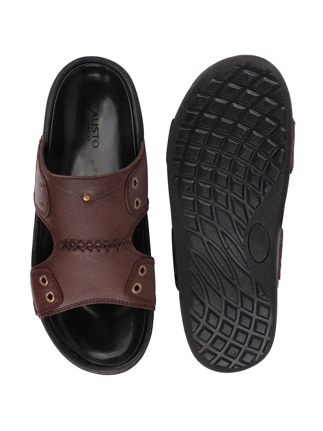 Men Brown Casual Leather Slip-On Pad Slippers