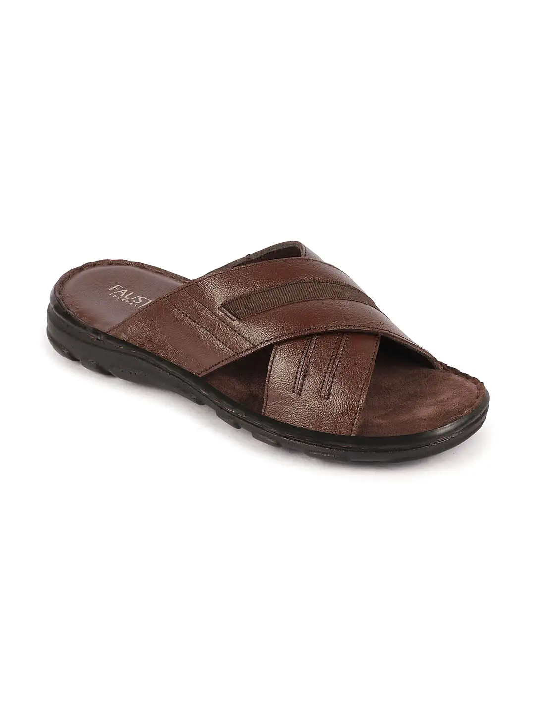 Men Brown Genuine Leather Cross Strap Open Toe Suede Leather Insole Slippers