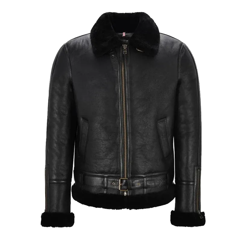 Mens Belted B3 Sheepskin Jacket Black & Black - NV47