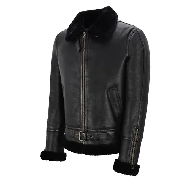 Mens Belted B3 Sheepskin Jacket Black & Black - NV47