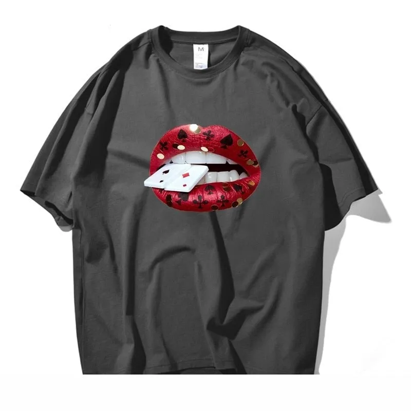 Men's Summer Casual Lip Biting Poker Trendy Cotton Short Sleeve T-shirt