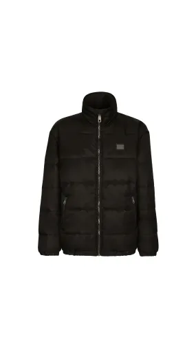 Nylon High-ecked Jacket with Branded Tag - Black