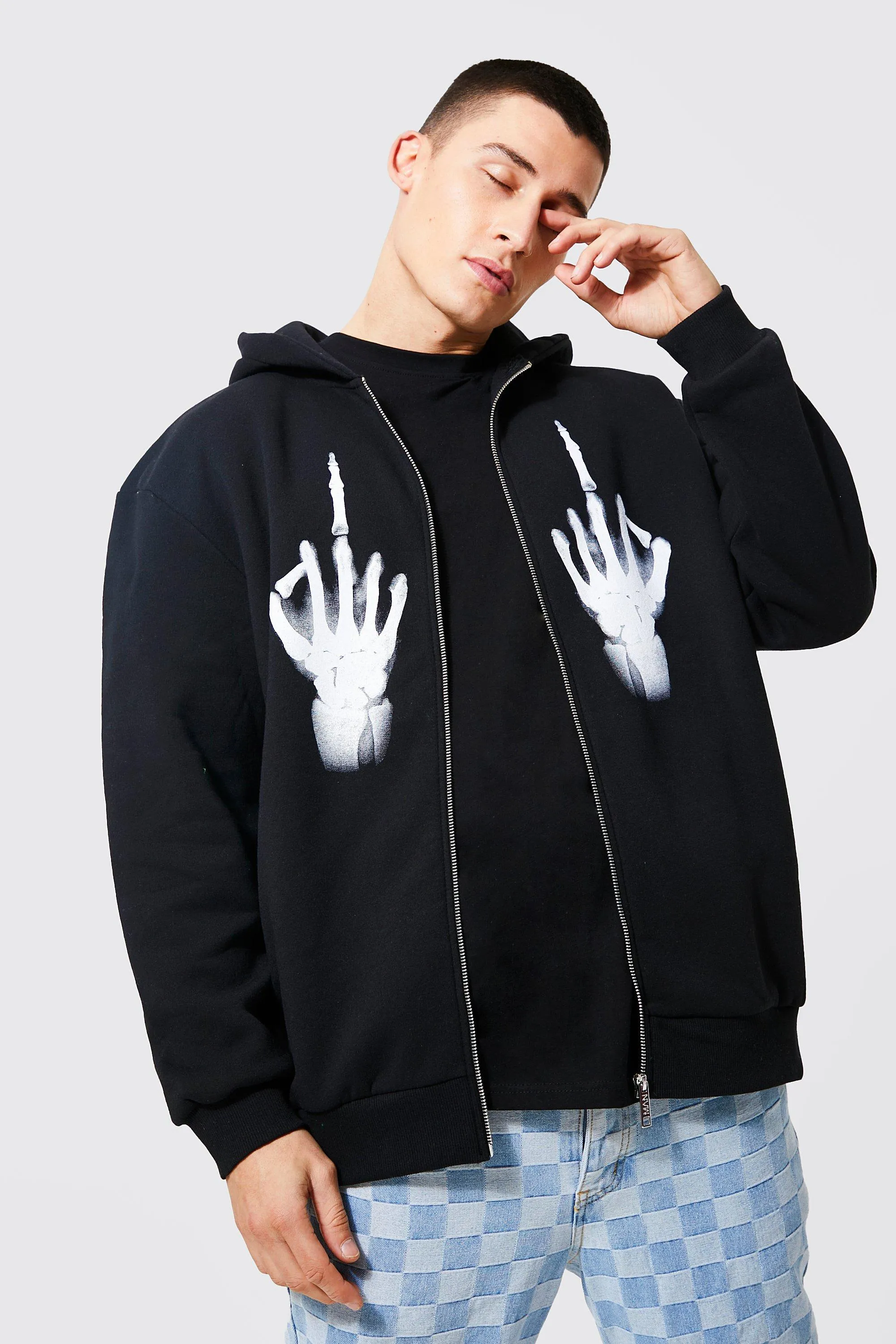 Oversized Skeleton Graphic Zip Through Hoodie