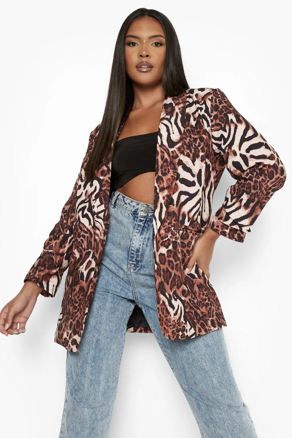 Plus Animal Print Ruched Sleeve Blazer